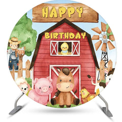 Lofaris Red Wooden Barn Farm Animal Circle Birthday Backdrop