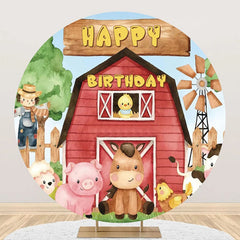 Lofaris Red Wooden Barn Farm Animal Circle Birthday Backdrop