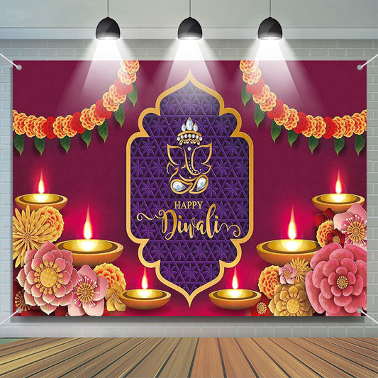 Lofaris Red Yellow Floral Deepavali Lights Diwali Backdrop