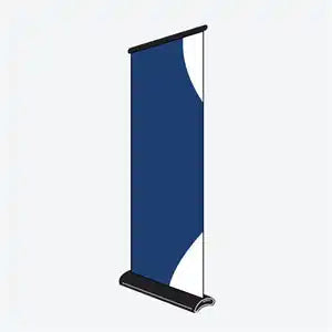 Retractable banner stand with a navy blue display panel.