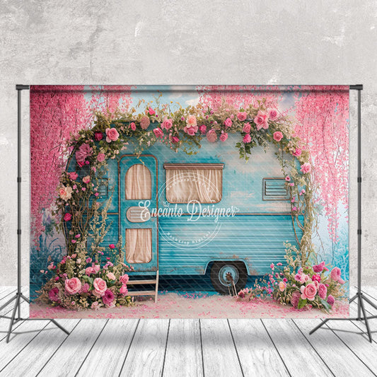 Lofaris Retro Blue Car Pink Peach Blossom Spring Backdrop