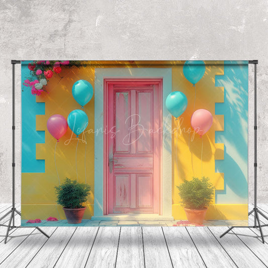 Lofaris Retro Blue Yellow Pink Plant Door Backdrop For Photo