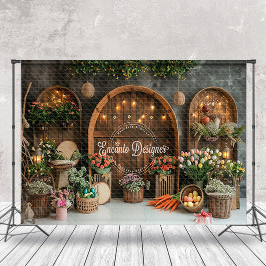 Lofaris Retro Brown Acrh - Door Floral Easter Photo Backdrop