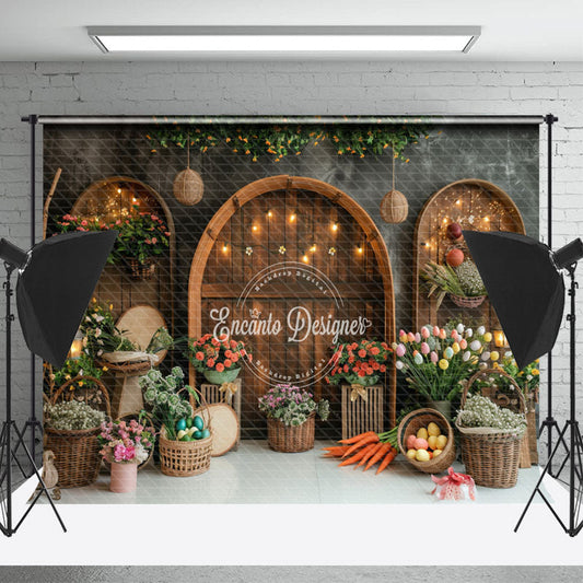 Lofaris Retro Brown Acrh - Door Floral Easter Photo Backdrop