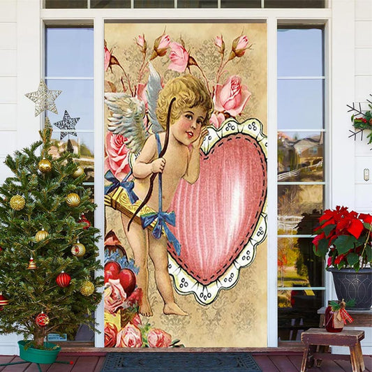 Lofaris Retro Cupid Heart Floral Valentines Day Door Cover