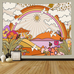 Lofaris Retro Flowers Clouds Sun Rainbow Boho Wall Tapestry