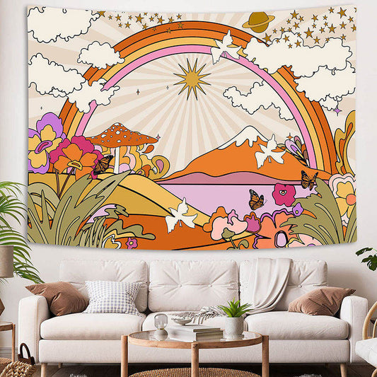 Lofaris Retro Flowers Clouds Sun Rainbow Boho Wall Tapestry