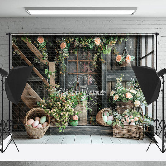 Lofaris Retro Grey Wooden Staircase Floral Photo Backdrop