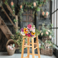Lofaris Retro Grey Wooden Staircase Floral Photo Backdrop