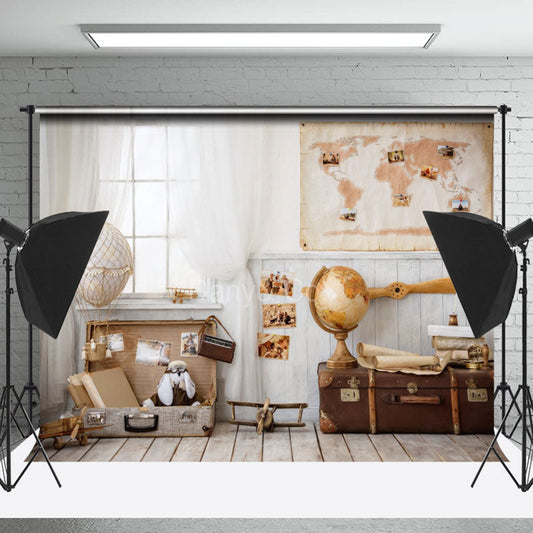 Lofaris Retro Hot Air Balloon Globe Nautical Vacation Backdrop