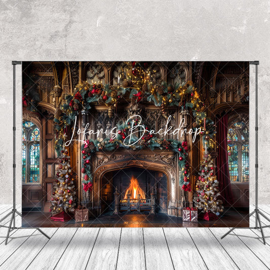 Lofaris Retro Luxury Brown Wall Fireplace Christmas Backdrop