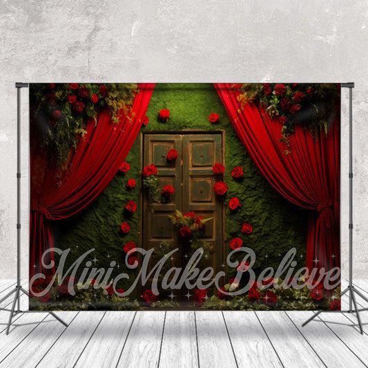 Lofaris Retro Moss Wood Door Red Rose Curtain Photo Backdrop
