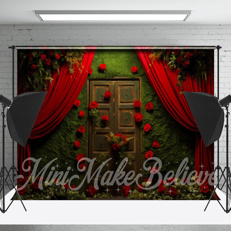 Lofaris Retro Moss Wood Door Red Rose Curtain Photo Backdrop