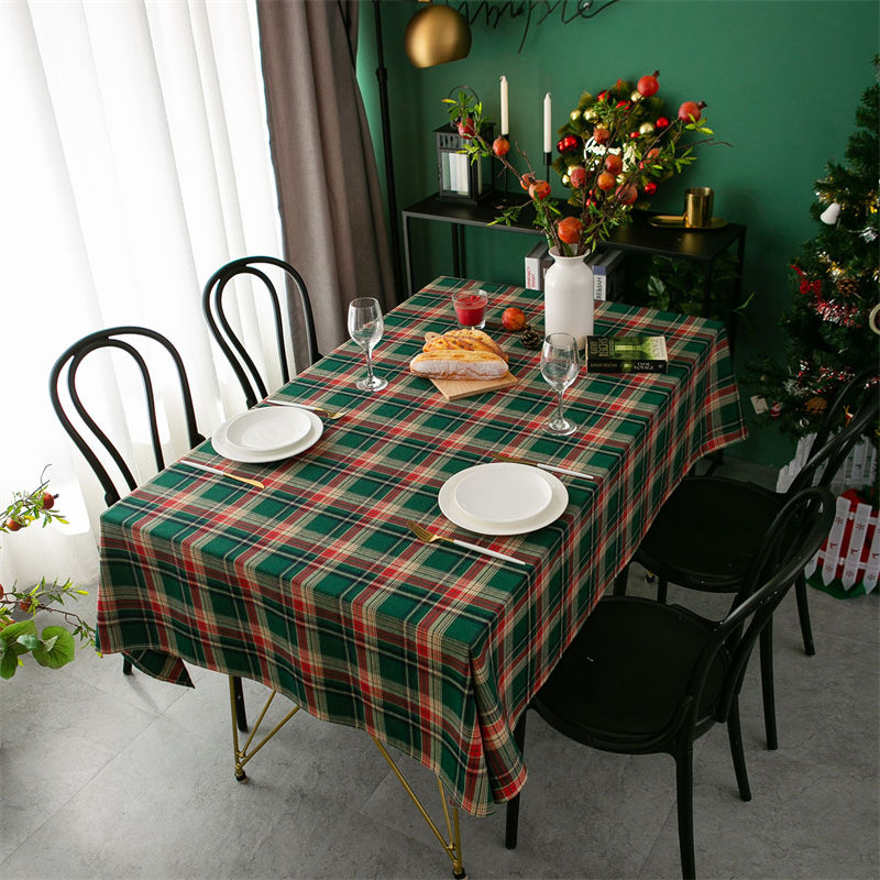 Lofaris Retro Nordic Plaid Green Check Holiday Tablecloth