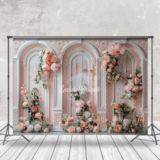 Lofaris Retro Pink White Wall Floral Leaves Wedding Backdrop