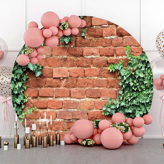 Lofaris Retro Red Brick Wall Greenery Spring Round Backdrop