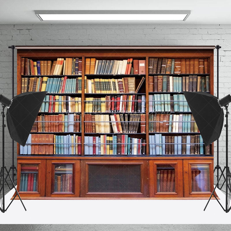 Bookcase Backdrop For Performance Retro Red Wooden Bookcase Books Backdrop For Photo - Lofaris