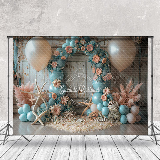Lofaris Retro Wall Blue Balloons Coastal Cake Smash Backdrop