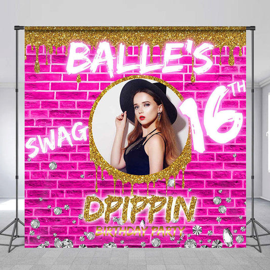 Lofaris Retro Wall Swag 16th Custom Photo Birthday Backdrop