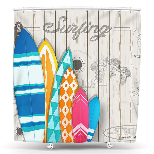 Lofaris Retro Wooden Wall Surfboard Summer Shower Curtain