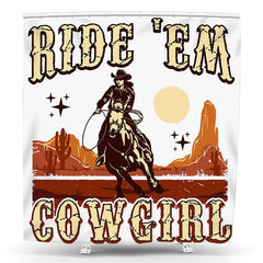 Lofaris Ride Em Retro Cactus Mountain Cowgirl Shower Curtain