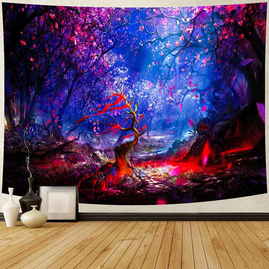 Lofaris Romantic Night Pink Plum Bossom Forest Wall Tapestry
