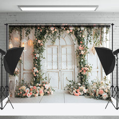 Lofaris Romantic Pink Floral White Door Wedding Backdrop