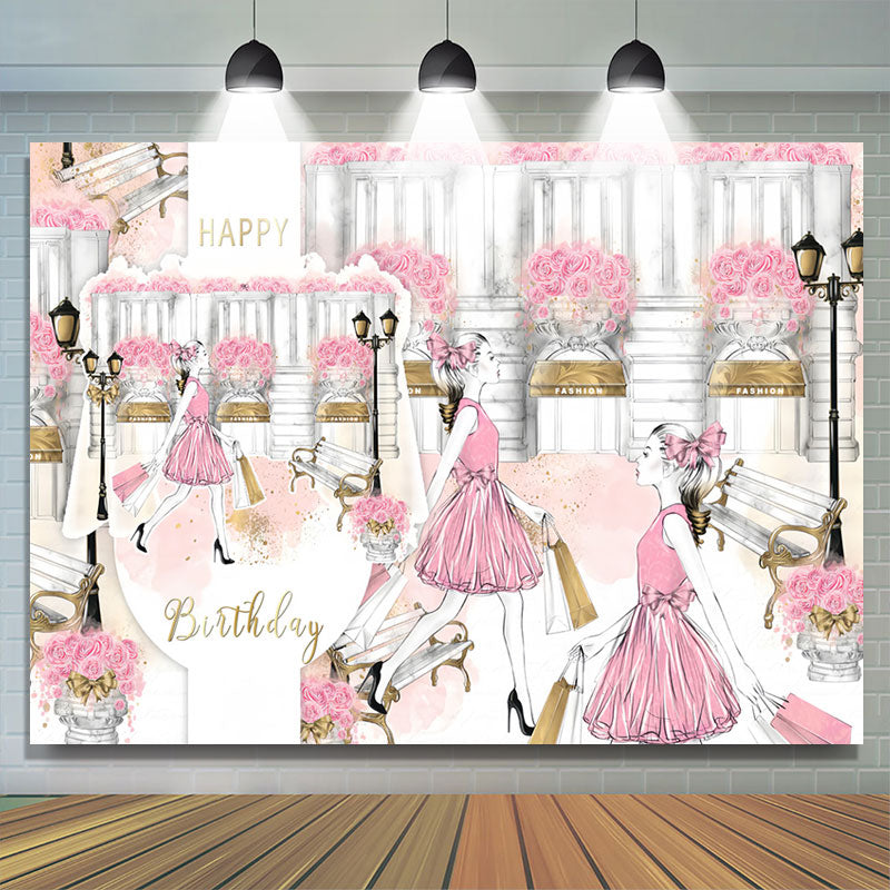 Lofaris Romantic Shopping Girl Pink Rose Birthday Backdrop
