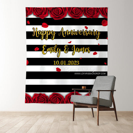 Lofaris Rose And White Black Line Happy Anniversary Backdrop
