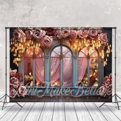Lofaris Rose Decorated Arched Window With Lights Backdrop