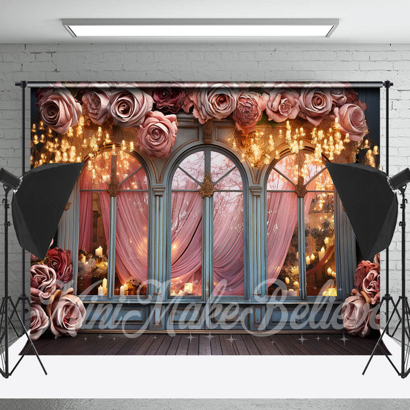 Lofaris Rose Decorated Arched Window With Lights Backdrop