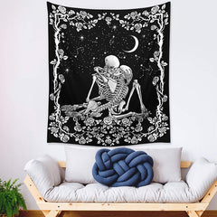 Lofaris Rose Romantic Skeleton Couple Moon Galaxy Tapestry