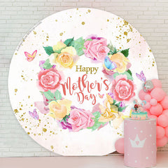 Lofaris Rose Wreath Gold Glitter Pink Round Mothers Day Backdrop