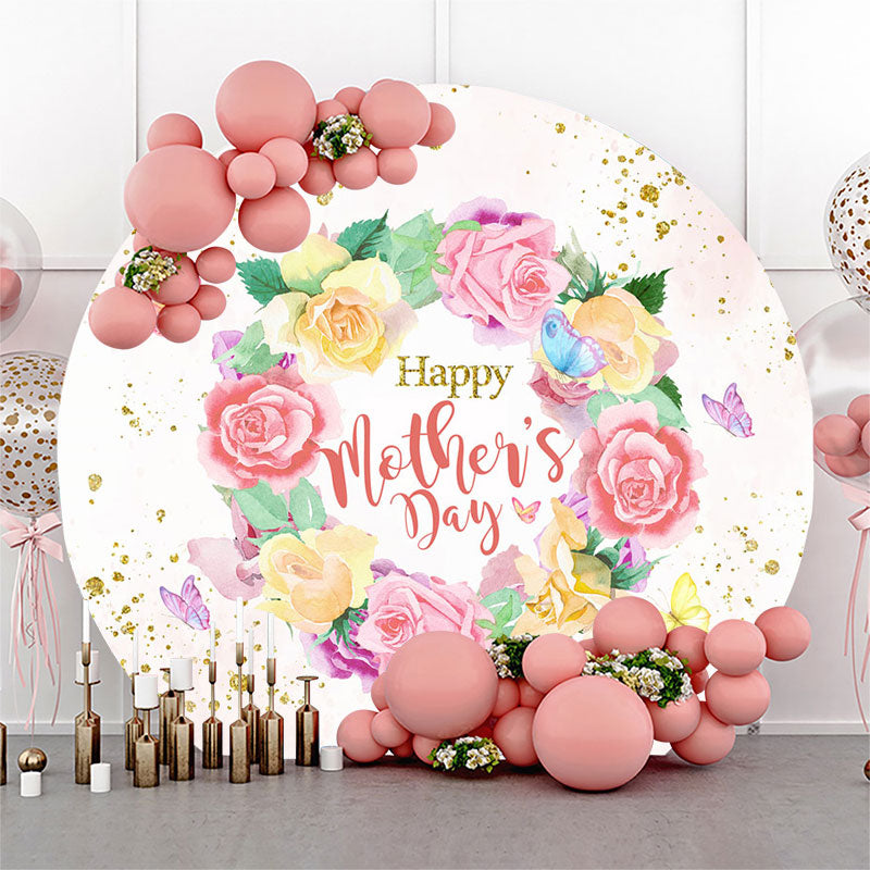 Lofaris Rose Wreath Gold Glitter Pink Round Mothers Day Backdrop