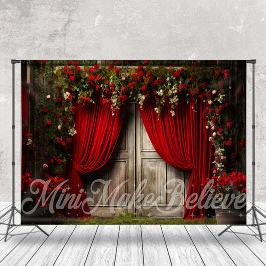 Lofaris Roses Red Curtain Wood Door Grass Photo Backdrop