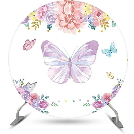 Lofaris Round Butterfly Colorful Floral Birthday Backdrop
