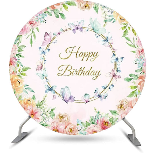 Lofaris Round Colorful Floral Butterfly Birthday Backdrop