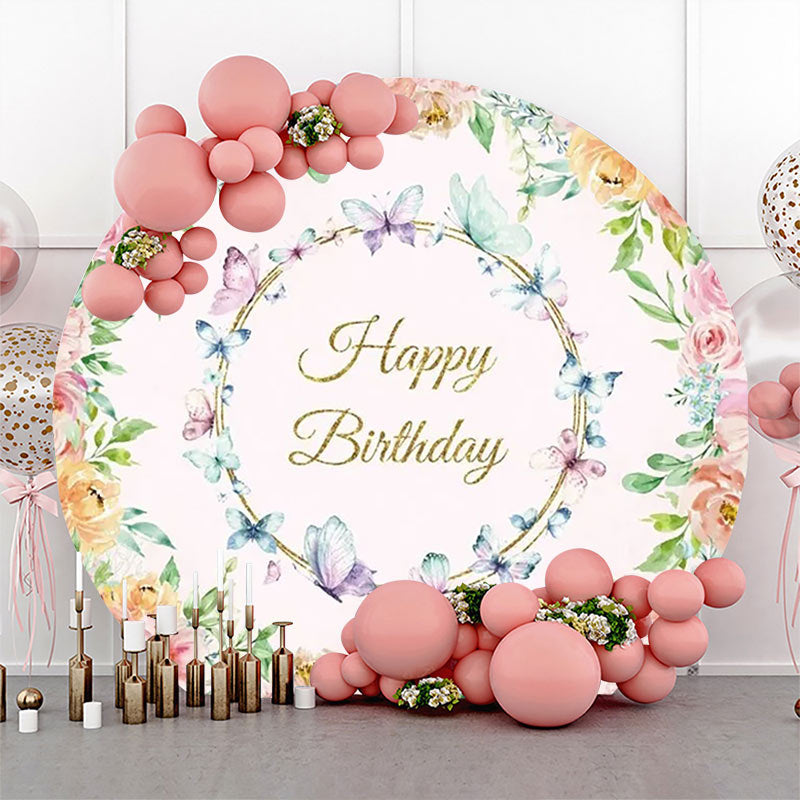 Lofaris Round Colorful Floral Butterfly Birthday Backdrop