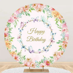 Lofaris Round Colorful Floral Butterfly Birthday Backdrop