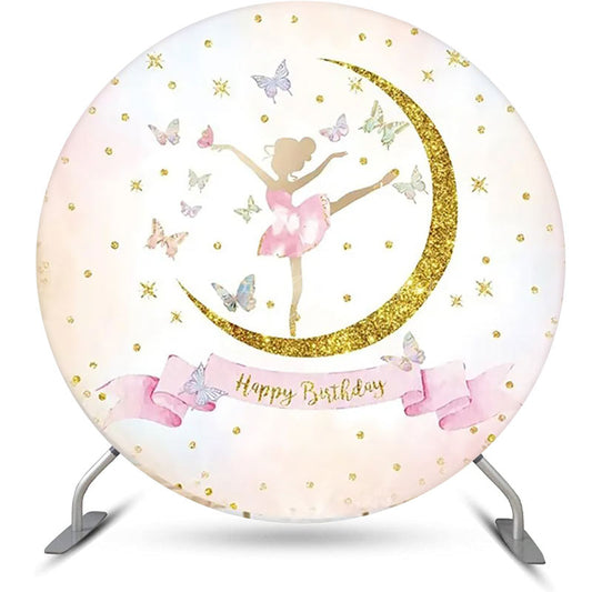Lofaris Round Moon Butterfly Ballet Girl Birthday Backdrop