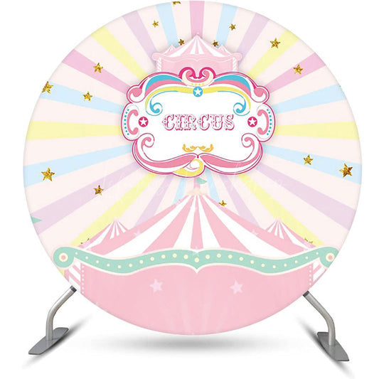 Lofaris Round Pink Circus Stars Rainbow Birthday Backdrop
