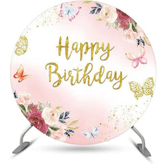 Lofaris Round Pink Floral Butterfly Gold Birthday Backdrop
