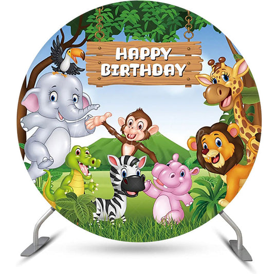 Lofaris Round Safari Forest Cartoon Animal Birthday Backdrop