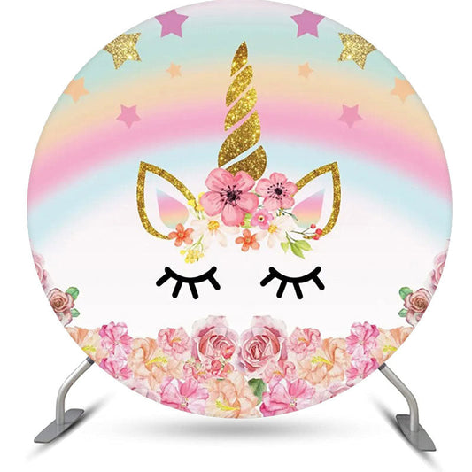 Lofaris Round Star Rainbow Unicorn Floral Birthday Backdrop