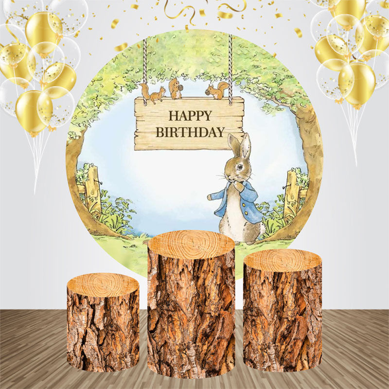 Lofaris Round Tree Cute Bunny Squirrel Birthday Backdrop Kit