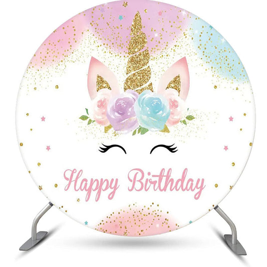 Lofaris Round White Floral Unicorn Happy Birthday Backdrop