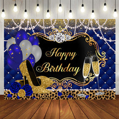 Lofaris Royal Blue Gold and Leopard Happy Birthday Backdrop