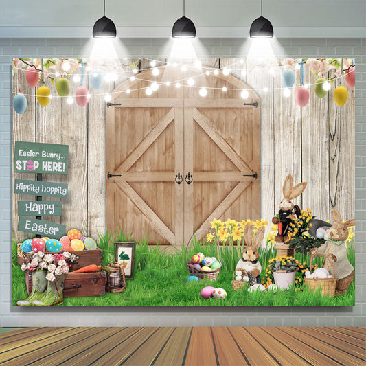 Lofaris Rural Lawn Wooden Door Rabbit Happy Easter Backdrop