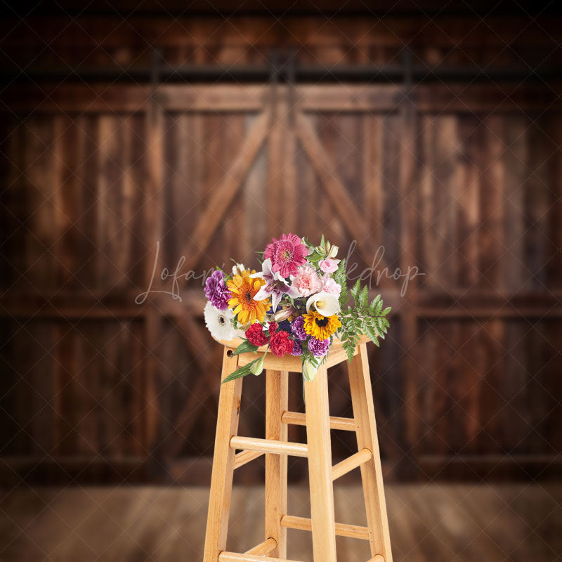 Lofaris Rustic Dark Brown Wooden Floor Barn Door Backdrop