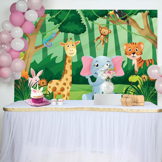 Lofaris Safari Animals Green Grass Baby Shower Backdrop